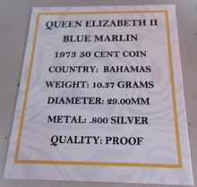 Load image into Gallery viewer, 1973 BAHAMAS BLUE MARLIN QEII 50 CENTS .800 SILVER PROOF COIN BOX &amp; COA
