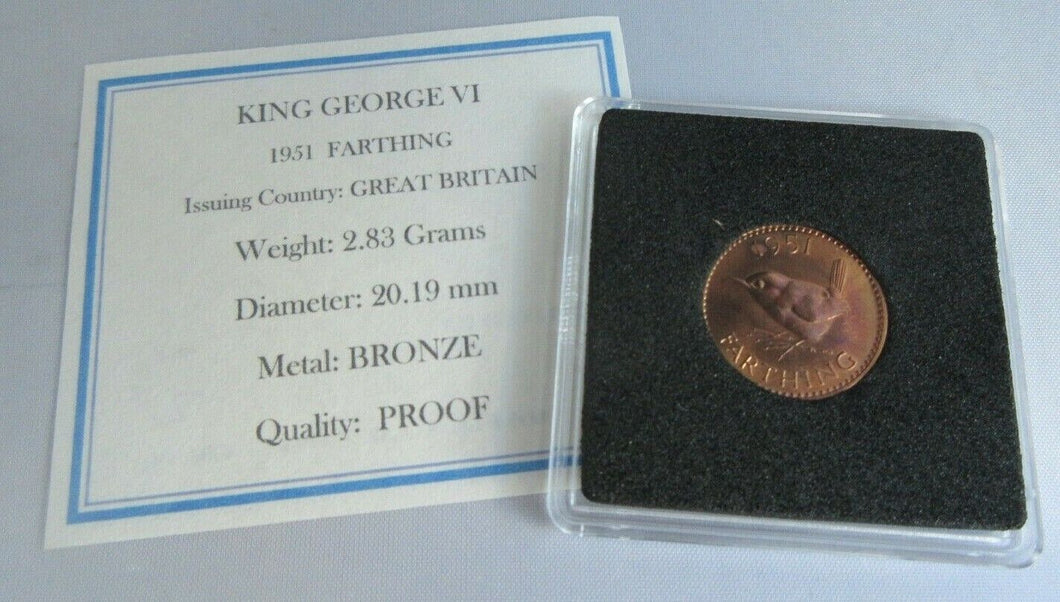 1951 KING GEORGE VI FARTHING BRONZE PROOF COIN WITH QUAD CAPSULE & COA