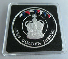 Load image into Gallery viewer, 2002 QEII GOLDEN JUBILEE QUEENS CROWN 50P CROWN SILVER COLOURED PROOF &amp; BOX
