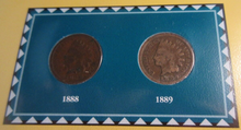 Load image into Gallery viewer, INDIAN HEAD PENNIES ISSUED 1888 &amp; 1889 WITH POSTAGE STAMPS ON ALBUM INFO SHEET
