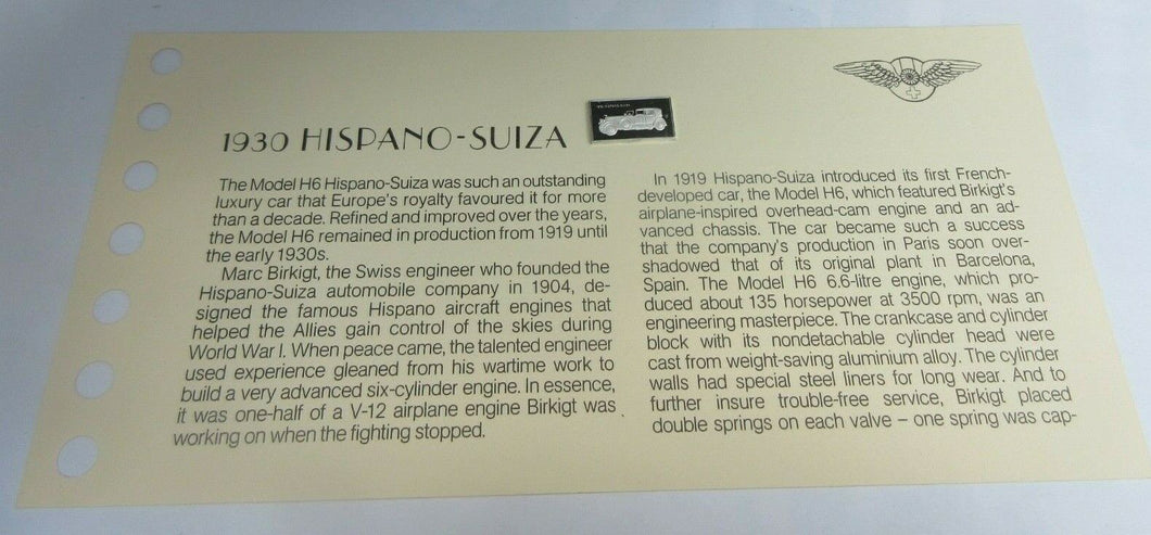 1930 HISPANO-SUIZA 15mm X 10mm 1.60gram SILVER INGOT WITH INFORMATION SLIP