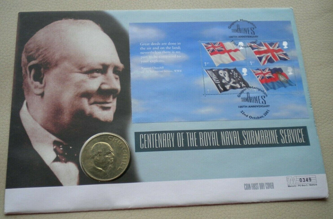 1965 CENTENARY OF THE R/NAVY SUBMARINE SERVICE CHURCHILL CROWN COIN COVER PNC