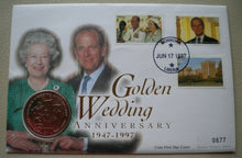 Load image into Gallery viewer, 1947-1997 GOLDEN WEDDING ANNIVERSARY, ONE DOLLAR COIN 1ST DAY COVER PNC &amp; INFO
