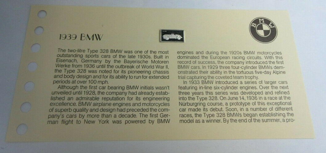 1939 BMW 15mm X 10mm 1.60gram SILVER INGOT WITH INFORMATION SLIP