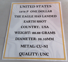 Load image into Gallery viewer, 1978 USA P THE EAGLE HAS LANDED EARTH SHOT ONE DOLLAR $1 COIN UNC CAP &amp; COA
