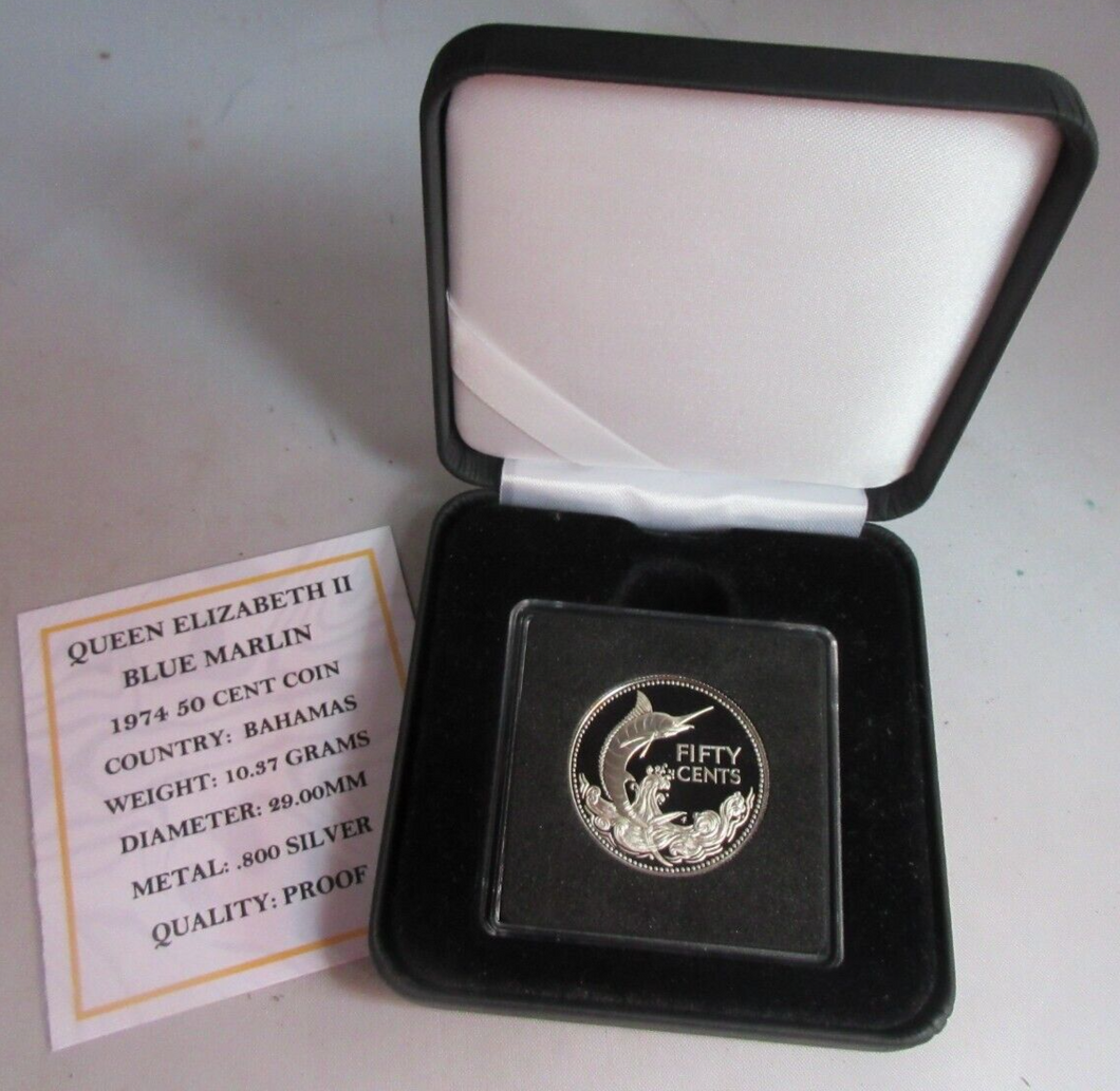 1974 BAHAMAS BLUE MARLIN QEII 50 CENTS .800 SILVER PROOF COIN BOX & COA