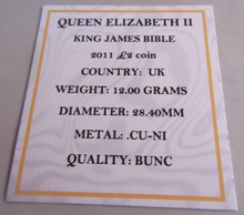 Load image into Gallery viewer, 2011 KING JAMES BIBLE QEII BUNC £2 TWO POUND COIN WITH QUAD CAPSULE &amp; COA
