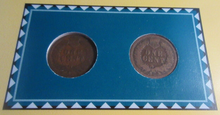 Load image into Gallery viewer, INDIAN HEAD PENNIES ISSUED 1888 &amp; 1889 WITH POSTAGE STAMPS ON ALBUM INFO SHEET
