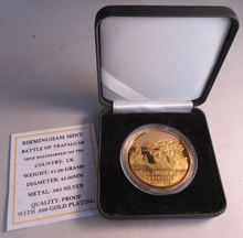 Load image into Gallery viewer, 1973 BATTLE OF TRAFALGAR BIRMINGHAM MINT HALLMARKED G/PLATE SILVER MEDAL COA BOX
