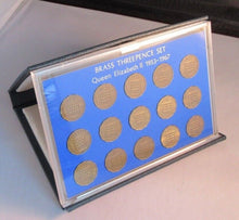 Load image into Gallery viewer, 1953-1967 QUEEN ELIZABETH II BRASS THREEPENCE 3d 15 COIN SET IN R/MINT BLUE BOOK
