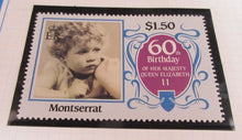 Load image into Gallery viewer, 1986 QUEEN ELIZABETH II 60TH BIRTHDAY MONTSERRAT &amp; TUVALU STAMPS &amp; ALBUM SHEET
