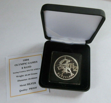 1992 OLYMPIC GAMES SILVER PROOF SOUTH AFRICA 2 RAND COIN BOX & COA