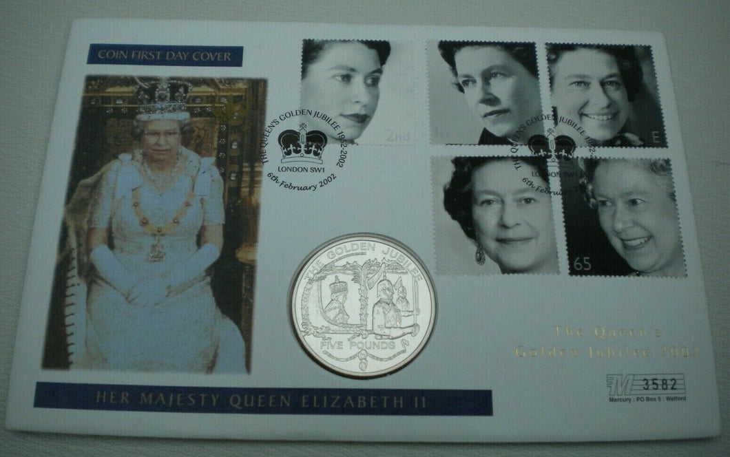2002 THE QUEEN'S GOLDEN JUBILEE FIRST DAY COVER GUERNSEY £5 CROWN COVER PNC