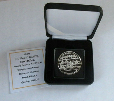1992 OLYMPIC GAMES VIETNAM SILVER PROOF 100 DONG COIN BOX & COA