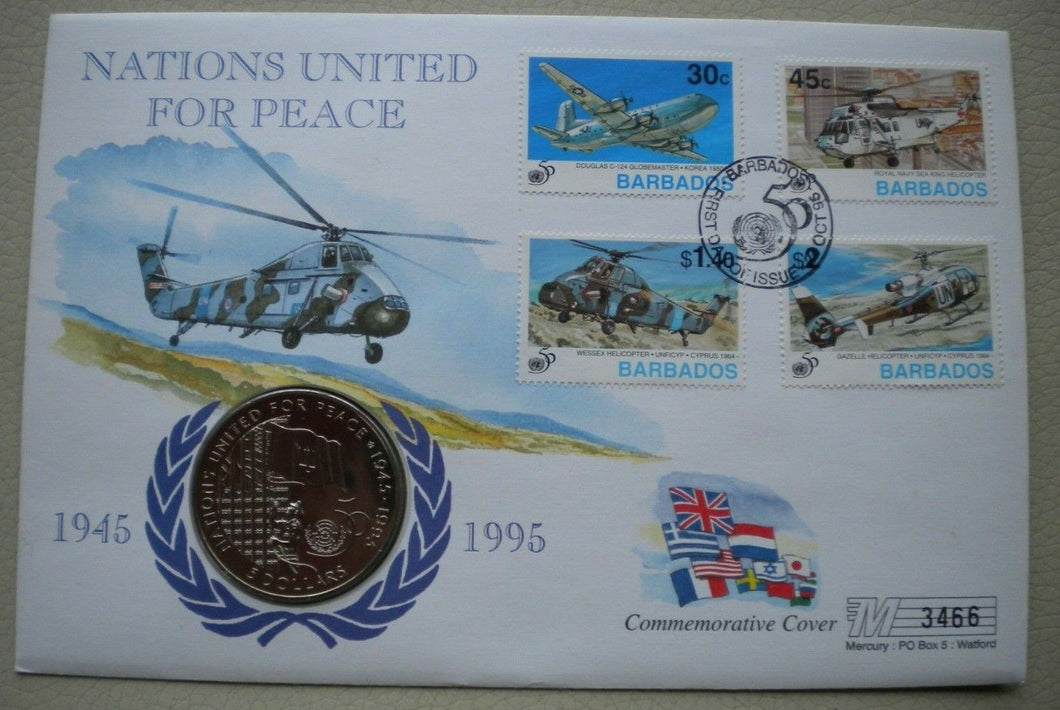 1945-1995 NATIONS UNITED FOR PEACE BARBADOS 5 DOLLAR COMMEMORATIVE COINCOVER PNC