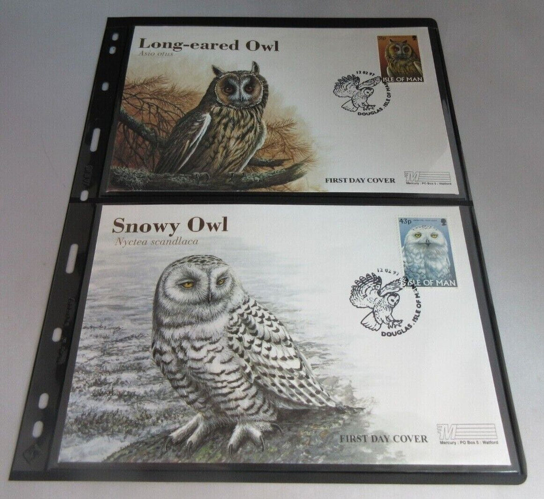 1997 LONG-EARED OWL & SNOWY OWL PAIR OF FIRST DAY COVERS IOM STAMPS ALBUM SHEET