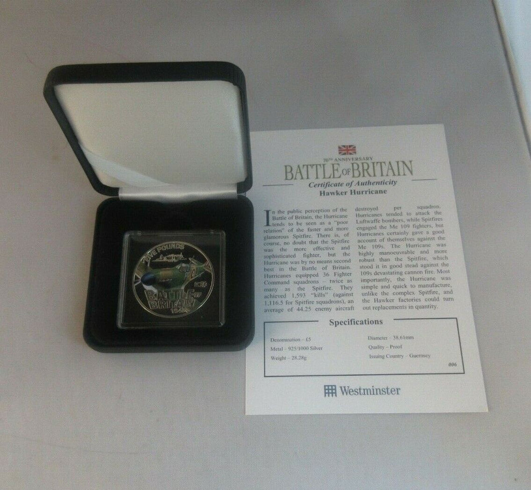 2010 Hawker Hurricane Battle of Britain Coloured Silver Poof Guernsey £5 COIN