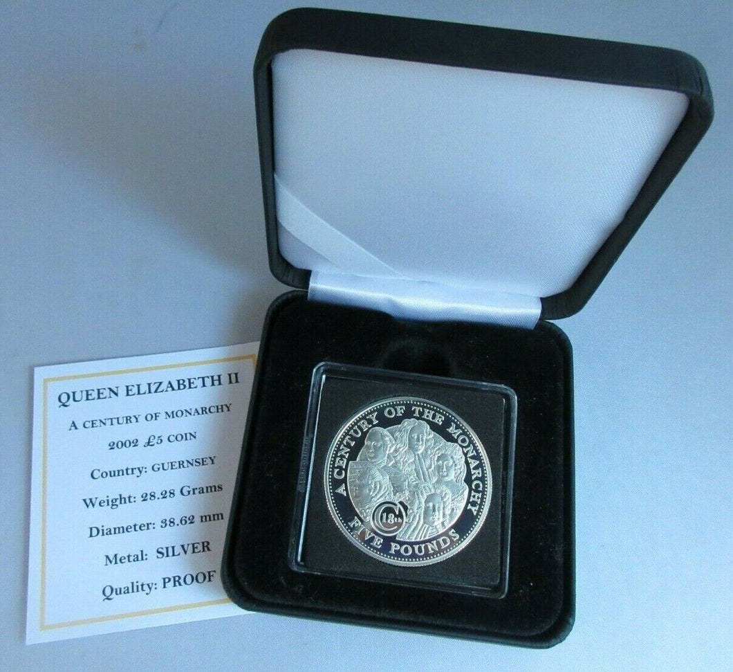 2002 QEII A CENTURY OF MONARCHY GUERNSEY SILVER PROOF £5 COIN BOX &COA