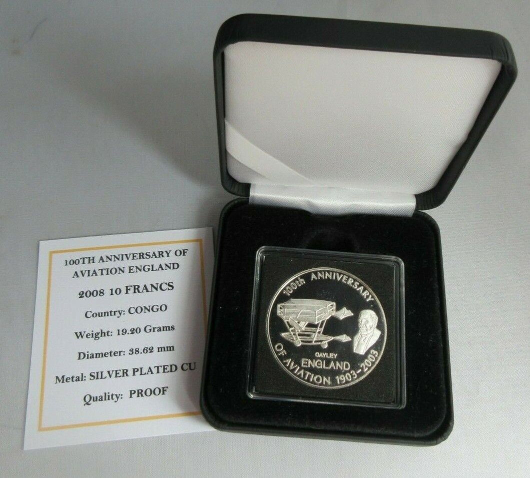 2008 100th ANNIVERSARY OF AVIATION ENGLAND PROOF 10 FRANCS COIN COA & BOX