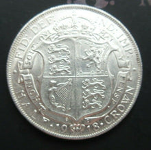 Load image into Gallery viewer, 1918 GEORGE V BARE HEAD FIRST COIN HALF 1/2 CROWN SPINK 4011 CROWNED SHIELD Cc1
