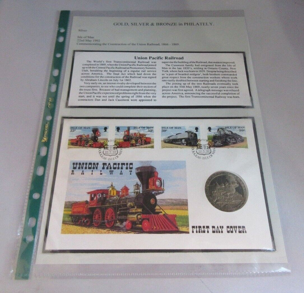 1992 UNION PACIFIC RAILWAY ISLE OF MAN 1992 BUNC 1 CROWN COIN COVER PNC