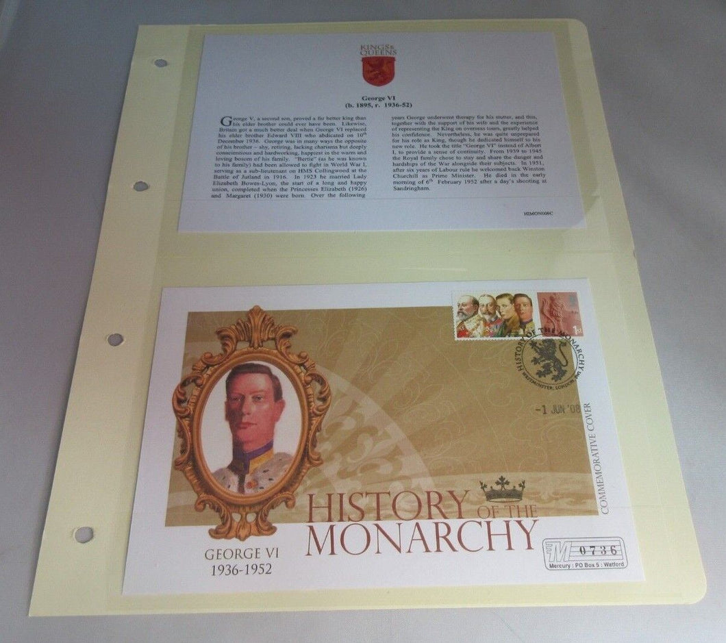 GEORGE VI REIGN 1936-52 COMMEMORATIVE COVER WITH INFORMATION CARD & ALBUM SHEET