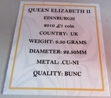 Load image into Gallery viewer, 2011 QUEEN ELIZABETH II EDINBURGH BUNC £1 ONE POUND COIN WITH QUAD CAPSULE &amp; COA
