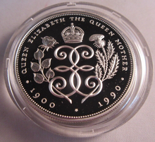 Load image into Gallery viewer, 1990 QUEEN MOTHER 90TH BIRTHDAY SILVER PROOF £5 CROWN ROYAL MINT BOX &amp; COA
