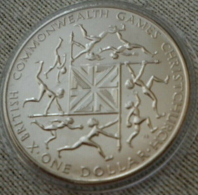 1974 Xth BRITISH COMMONWEALTH GAMES NEW ZEALAND ONE DOLLAR CROWN COIN IN CAPSULE