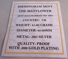 Load image into Gallery viewer, 1973 THE MAYFLOWER BIRMINGHAM MINT HALLMARKED G/PLATED SILVER MEDAL COA BOX
