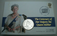 Load image into Gallery viewer, 1900-2000 CENTENARY OF HM QUEEN ELIZABETH THE QUEEN MOTHER BUNC £5 COINCOVER PNC
