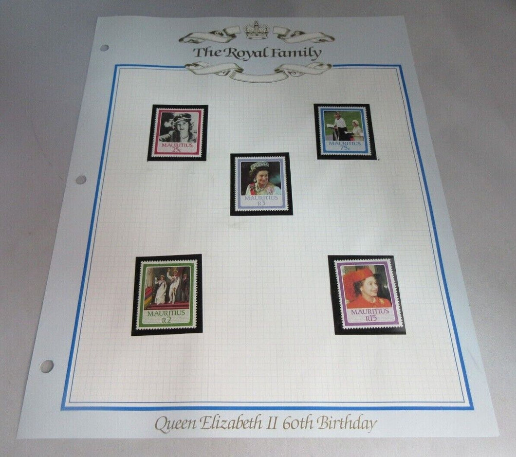 1986 QUEEN ELIZABETH II 60TH BIRTHDAY MAURITIUS STAMPS & ALBUM SHEET