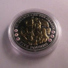 Load image into Gallery viewer, ST GEORGE &amp; THE DRAGON TDC 2009 SILVER £5 COIN 6 INSET RUBIES With Box + COA
