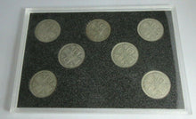 Load image into Gallery viewer, FLORIN SET OF SEVEN SILVER COINS IN CLEAR HARD CASE &amp; ROYAL MINT BLUE BOOK
