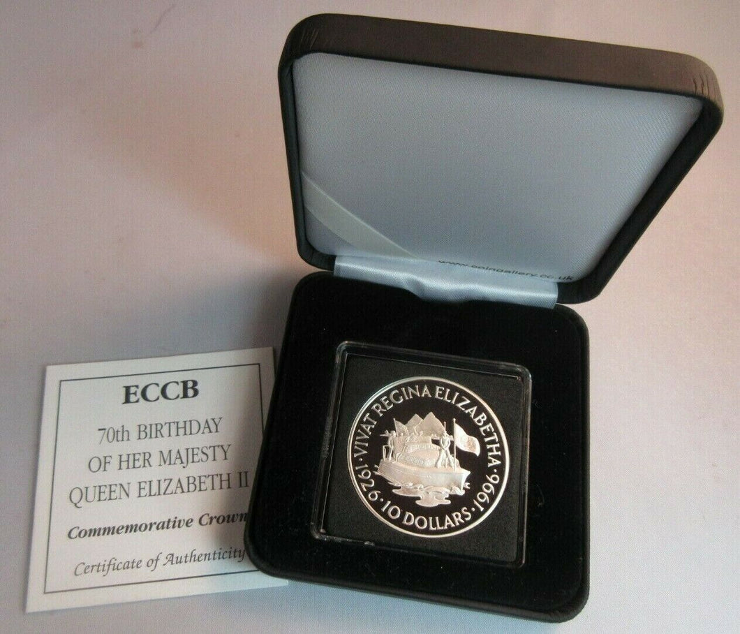 1996 QUEEN ELIZABETH II 70TH BIRTHDAY ECCB SILVER PROOF $10 DOLLAR COIN BOX &COA