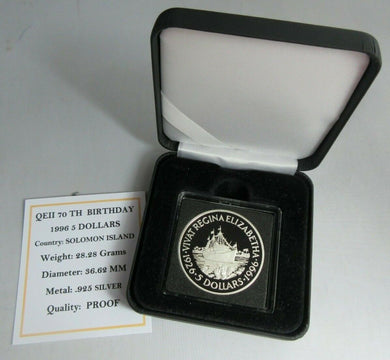 1996 QEII 70TH BIRTHDAY SOLOMON ISLANDS SILVER PROOF 5 DOLLAR COIN BOX & COA