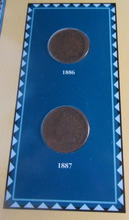 Load image into Gallery viewer, INDIAN HEAD PENNIES ISSUED 1886 &amp; 1887 WITH POSTAGE STAMPS ON ALBUM INFO SHEET
