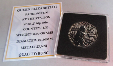 2018 PADDINGTON AT THE STATION QEII BUNC 50P FIFTY PENCE COIN QUAD CAPSULE & COA