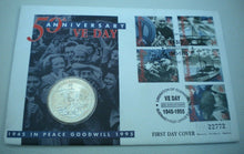 Load image into Gallery viewer, 1945-1995 50th ANNIVERSARY VE DAY BUNC GUERNSEY £2 CROWN COIN FIRST DAY COVERPNC

