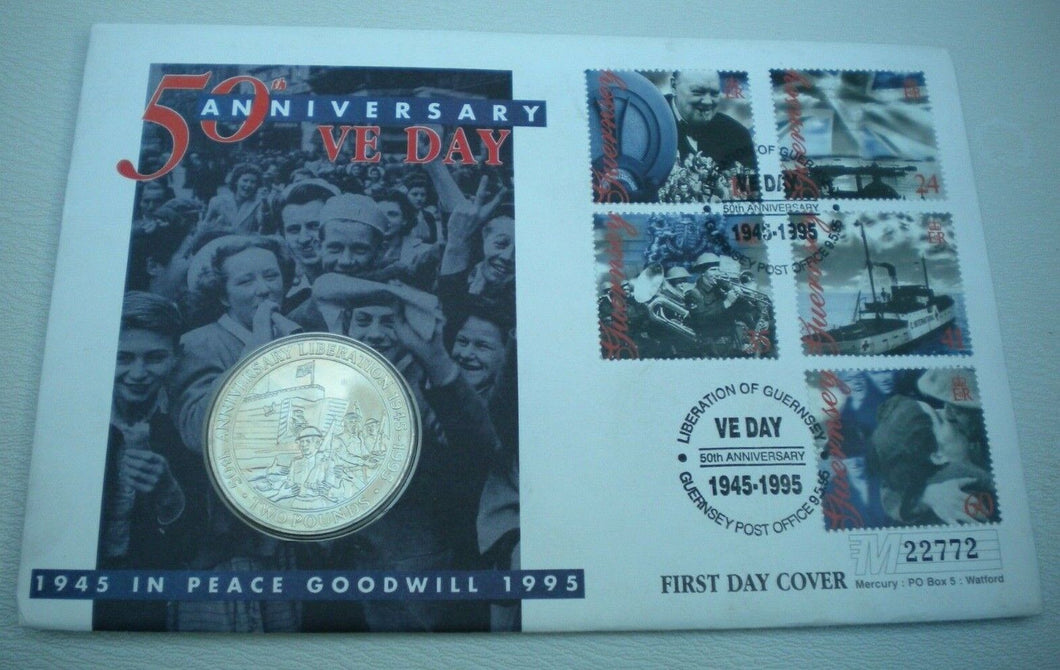 1945-1995 50th ANNIVERSARY VE DAY BUNC GUERNSEY £2 CROWN COIN FIRST DAY COVERPNC