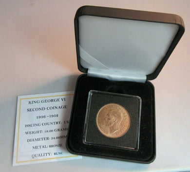 1949 KING GEORGE VI SECOND COINAGE BUNC BRONZE ONE PENNY WITH QUAD CAP BOX & COA