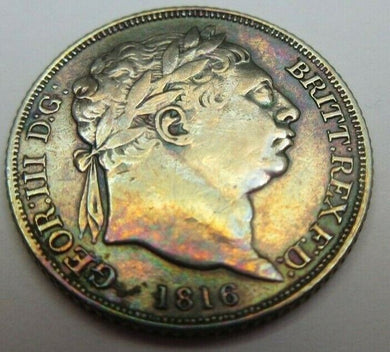 1816 GEORGE III .925 STERLING SILVER aUNC SIXPENCE WITH BEAUTIFUL RAINBOW TONE