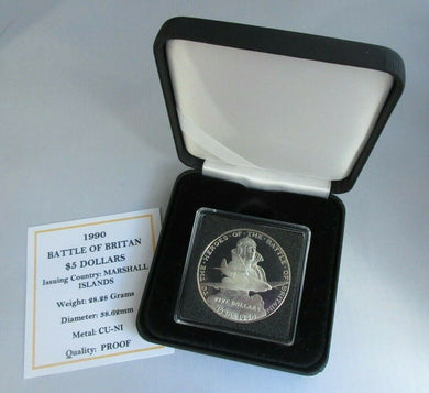 1990 BATTLE OF BRITAIN MARSHALL ISLANDS PROOF $5 FIVE DOLLAR COIN IN BOX & COA