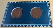 Load image into Gallery viewer, INDIAN HEAD PENNIES ISSUED 1908 &amp; 1909 WITH POSTAGE STAMPS ON ALBUM INFO SHEET
