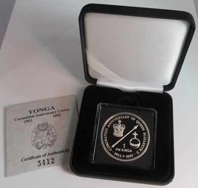 1993 CORONATION ANNIVERSARY CROWN SILVER PROOF TONGA 1 PA ANGA COIN BOX & COA