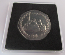 Load image into Gallery viewer, 1984 QEII MANX TT ROAD RACE MIKE BODDICE MINT MARK AA FIFTY PENCE COIN BOX &amp; COA
