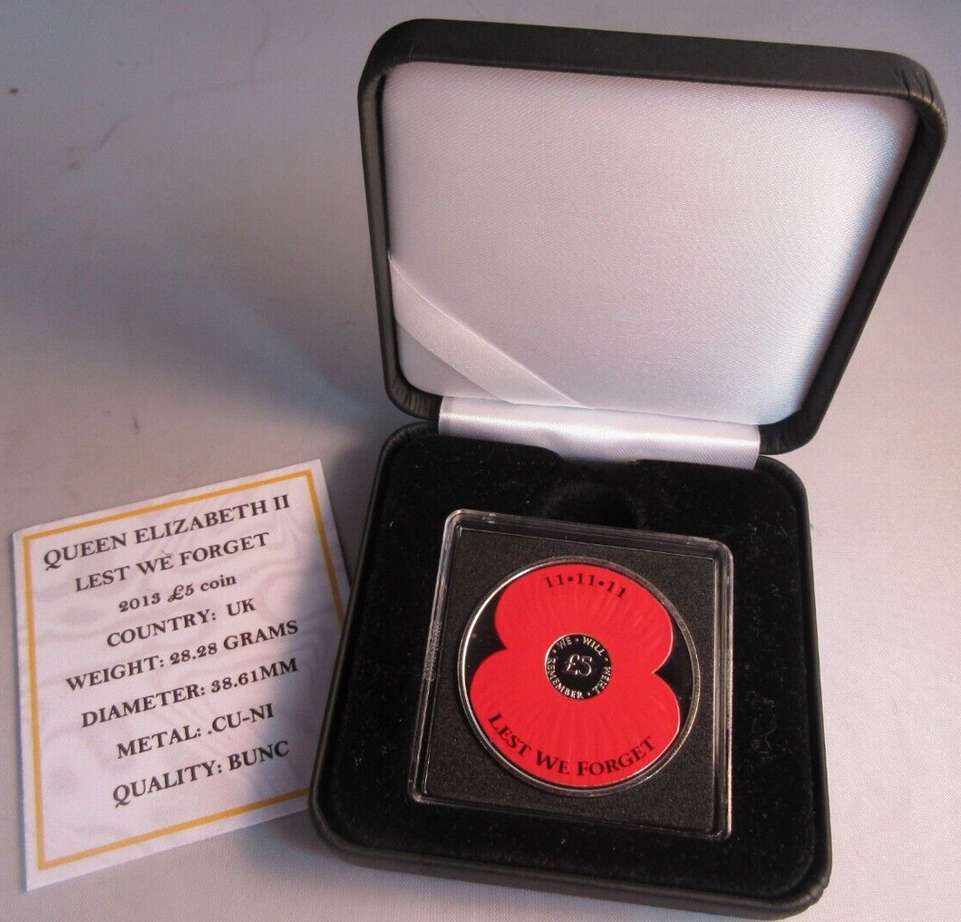 2013 LEST WE FORGET JERSEY BUNC £5 FIVE POUND POPPY COIN COLORISED BOX & COA