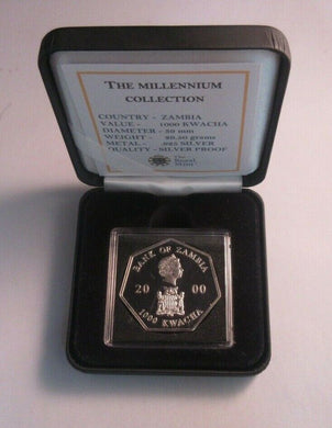 Millennium Collection Bank of Zambia 2000 Silver Proof 1000 Kawcha Coin BoxCOA