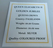 Load image into Gallery viewer, 2002 QEII GOLDEN JUBILEE QUEENS CROWN 50P CROWN SILVER COLOURED PROOF &amp; BOX
