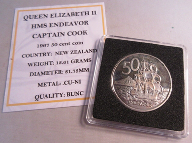 1967 HMS ENDEAVOR CAPTAIN COOK QEII BUNC NEW ZEALAND 50 CENT COIN WITH COA